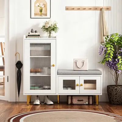 Zdjęcie produktu dla Szafki na buty INONEFT z siedziskiem – 100 x 35 x 82,5 cm – 4 przegródki i 3 drzwiczki z regulowanymi półkami – praktyczna ławka – biały kolor