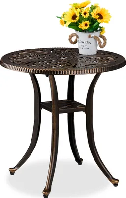Zdjęcie produktu dla Stół ogrodowy Relaxdays, styl antyczny, odporny na warunki atmosferyczne, odlew aluminiowy, wymiary (wysokość x głębokość): 53x53 cm, okrągły stół balkonowy, kolor czarny/brązowy