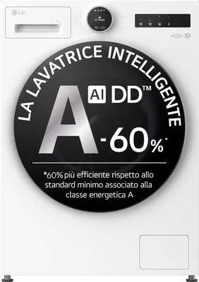 Close-up of a washing machine with an energy efficiency label.