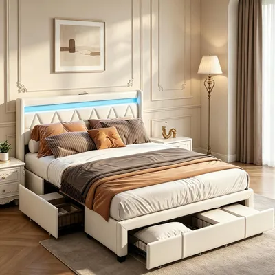 Image de INONEFT, lit de 160 x 200 cm, lit rembourré avec éclairage LED et ports USB, lit double avec 4 tiroirs, lit pour adolescents rembourré, lit avec rangement, tissu en lin, couleur beige