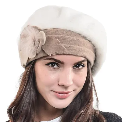 Zdjęcie produktu dla Damska czapka artystyczna, wełna, beret, angora, czapka typu beanie, zimowa, kolor beżowy, model BR022, rozmiar M