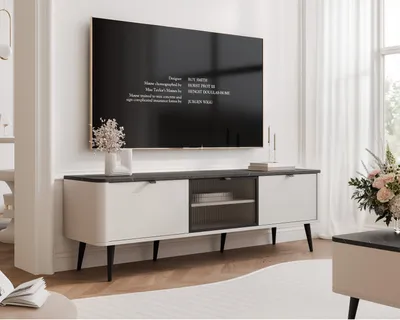 Produktbild von NAVANI TV-Lowboard 160 cm mit geriffelter Front Soft-Close-System Fernsehschrank TV-Schrank  mit geriffeltem Glas Wohnzimmer Medienmöbel modern & elegant Kaschmir + Steingrau