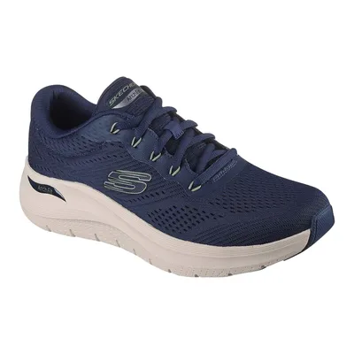 A single navy blue Skechers Arch Fit sneaker is shown from a side angle against a white background.