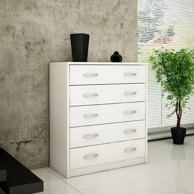 Image de Commode 5 tiroirs finition mate, commode 74cm de large en bois armoire commode à tiroirs sideboard highboard buffet blanc