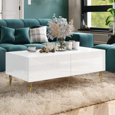 Produktbild von Couchtisch Sofatisch GLAM weiß / weiß Hochglanz Kaffeetisch mit Schubladen