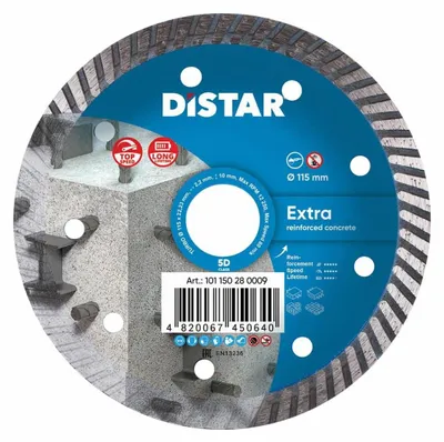 Imagen del producto de Disco de corte diamantado Distar, modelo Extra, 115 x 2,2 x 22,23 mm, Turbo: alto rendimiento y velocidad para cortes rápidos y precisos en cerámica, granito y materiales duros.