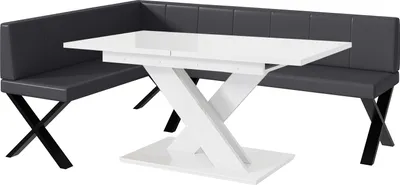 Produktbild von MEBLINI Eckbank für Esszimmer mit ausziehbarem Tisch  - Küchenbank - Essecke - Sitzecke Küche - PETER - X-Beine 142x196x87cm Links - Grau Kunstleder/B Weiß Hochgl.