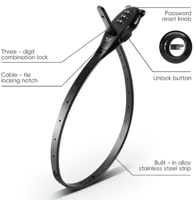 Produktbild von Fahrradschloss Mit Zahlenkombination Edelstahl Kabelbinder Diebstahlschutz 53 Cm