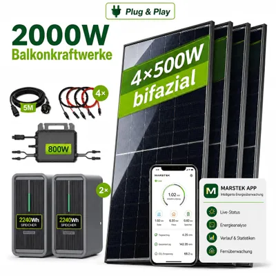 Produktbild von Balkonkraftwerk 2000W mit 4,48kWh Speicher, Marstek B2500-D, 4x500Wp bifaziale Solarmodule, 800W Mikrowechselrichter, 5m Anschlusskabel, Komplettset