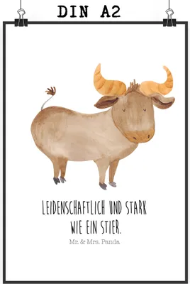 Produktbild von Mr. & Mrs. Panda Bild Sternzeichen Stier DIN A2 - Weiß - Geschenk, Ochse, wanddeko, Geburtstag Mai, April, drucke, Kunstdruck, Wandbild, Rind, poster
