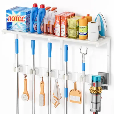Produktbild von Besenhalter Besenhalterung Wandorganizer - 3-in-1 - 5 Besenklemmen - Weiß - Für Waschraum und Garage