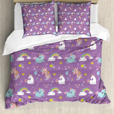 Produktbild von ABAKUHAUS Kids Bettbezugs Set Für Doppelbetten, Einhorn Rainbows Baby, Milbensicher Allergiker geeignet mit Kissenbezügen, Multi