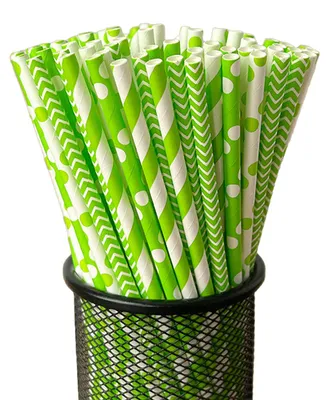 Produktbild von 100 Stück biologisch abbaubare Papierstrohhalme mit buntem Streifenmuster, lebensmittelecht, ideal für Partys