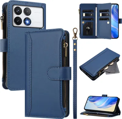 Produktbild von Handyhülle für Xiaomi Redmi K70/K70 Pro/Poco F6 Pro Reißverschluss Geldbörse Kunstleder Klapphülle mit Kartensteckplatz, Ständer, Handschlaufe Dunkelblau