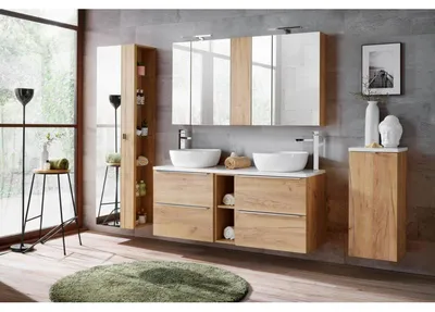 Image de Plan De Toilette 120 Cm Blanc Brillant Chêne Doré Craft Mdf Pvc