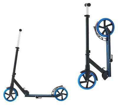 Image de Trottinette (2 roues) pour enfants à partir de 8 ans, trottinette de ville pour enfants, idéale pour la rue, avec guidon réglable en hauteur, plateforme antidérapante et cadre pliable. Supporte un poids maximal de 100 kg, couleur bleue