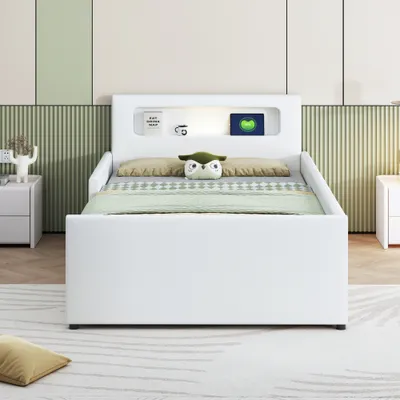 Produktbild von okwish Polsterbett Jugendbett 90×200 cm mit Lattenrost für Jungen und Mädchen, Funktionelles Einzelbett mit Nachtlicht, USB-Ladeanschluss und Ablagefächern, Kunstlederstoff, Weiß(Ohne Matratze)