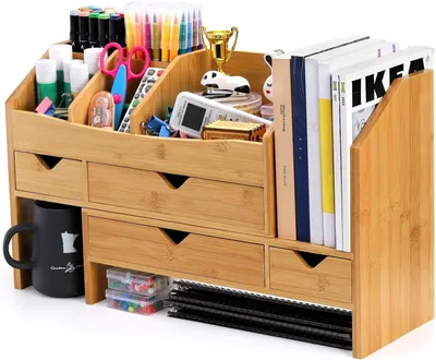 Produktbild von Schreibtisch-Organizer aus Bambus mit verstellbarem Aktenhalter, Braun