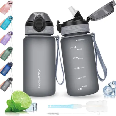 Produktbild von AOHAN Trinkflasche 600ML auslaufsicherer Klappdeckel BPA-frei mit Stroh Grau