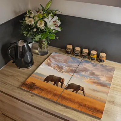 Produktbild von banjado Herdabdeckplatte zweiteilig je 30x52cm groß mit Gummi Abstandshalter, ESG Sicherheitsglas mit Motiv Elefanten [HAP2 10488]