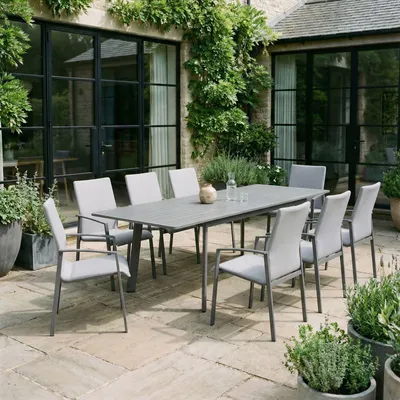 Produktbild von Gartenmöbel Set VERANO, anthrazit/hellgrau - mit 8 Stühlen und ausziehbarem Gartentisch, Aluminium und wetterfeste Textilene, stapelbar, strapazierfähig, Outdoor-Möbel, Balkonmöbel, Terrassenmöbel