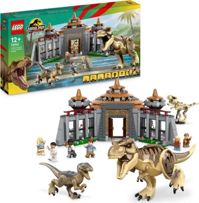Zdjęcie produktu dla LEGO Jurassic Park Centrum dla odwiedzających: atak tyranozaura i raptora, 2 ruchome figurki dinozaurów, szkielet T-rexa i 6 minifigurek, zabawka dla 12-latka, pomysł na prezent dla nastolatka, 76961