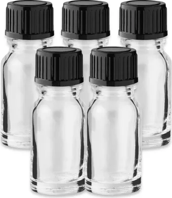 Produktbild von 5x Klare Glasflasche 10 ml mit schwarzem Kunststoff Schraubverschluss