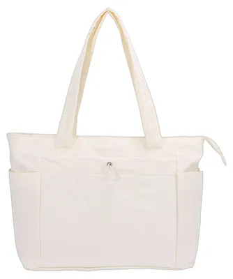 Image de Sac fourre-tout pour femme - Sac pour ordinateur portable en tissu Oxford léger - Sac à main rembourré avec fermeture à glissière et multiples poches pour le travail quotidien - Blanc