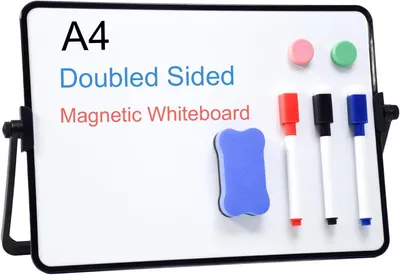 Imagen del producto de Pizarra blanca, formato A4, magnética, de doble cara, con soporte, rotuladores y accesorios para la oficina
