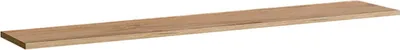 A single wooden shelf on a white background.