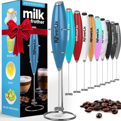 A collage showcasing multiple colors of the PowerLix milk frother, presented with product packaging and lifestyle images.