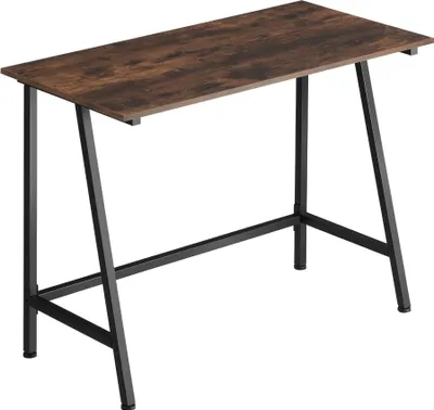 A simple brown and black desk against a white background.