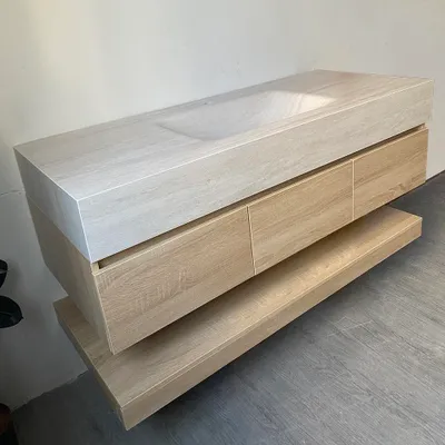 Produktbild von Wandhängendes Waschbecken-Set - Sinterstein - Travertine look, mit Spiegel, Unterschrank, Ablage & Ablauf, mit Armaturenloch 130×55 cm【RW9865-130 K】