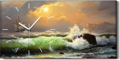 Produktbild von Wandbild Leinwand Bilder mit Uhr 60x30 Gemälde Ozean Meer Schiff Sonnenuntergang - weiße Hände