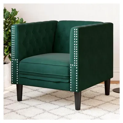 Produktbild von Chesterfield Sessel, Dunkelgrün Samt Polsterstuhl, Klassischer Clubstuhl mit Holzbeinen, 71x74,5x70,5 cm, für Wohnzimmer, Lesezimmer, Entspannung, Modernes Design