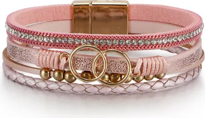 Produktbild von Boho-Armband für Damen, rosafarbenes , 19,5 cm, goldene Details