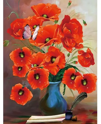 Image de Kit de peinture diamant 5D, vase avec des fleurs rouges, dimensions 30x40 cm