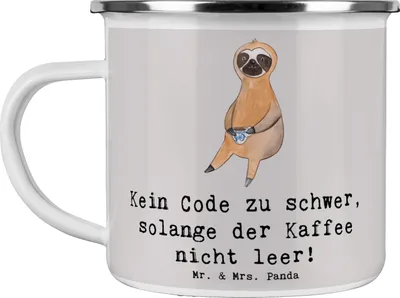 Produktbild von Mr. & Mrs. Panda Teetasse Code und Kaffee - Grau Pastell - Geschenk, Pott, Beruf, Softwareentwicklung, Berufsgestaltung, Emaille Becher, Geschenke für Berufstätige, Tasse