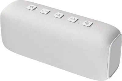 A white Bluetooth speaker with buttons on top, shown from a diagonal angle against a white background.