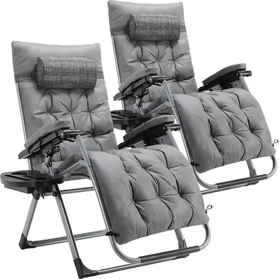 Imagen del producto de Juego de 2 tumbonas plegables, sillones de jardín ajustables con cojín, impermeables, con reposacabezas extraíble y portavasos. Ideal para balcones, color gris