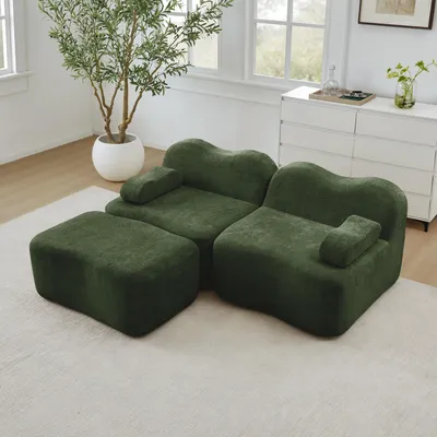 Image de Canapé modulable en L de forme ondulée, en velours, avec pouf, coussins d'accoudoirs amovibles, 192 x 167 x 70 cm, vert