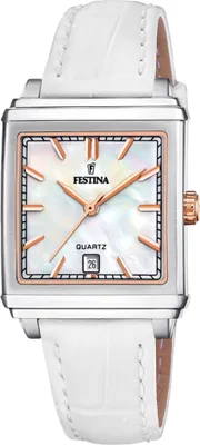 A square-faced women's watch with a white leather strap and a mother-of-pearl dial.