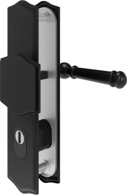 A black and silver door handle set with a keyhole.