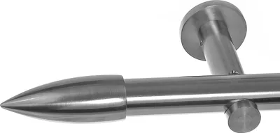 Close-up of a metal curtain rod with a pointed finial and a wall mount.