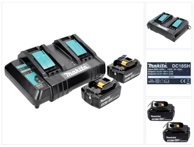 Immagine prodotto di Kit di alimentazione Makita 18 V con 2x batteria BL 1850 B 5,0 Ah ( 197280-8 ) + caricabatterie doppio DC 18 SH ( 199687-4 )