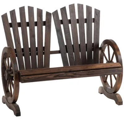 Imagen del producto de Banco de jardín de madera con reposabrazos tipo rueda de carruaje – Sillón de dos plazas | Color: Marrón oscuro | Dimensiones: 66 x 108 x 95 cm