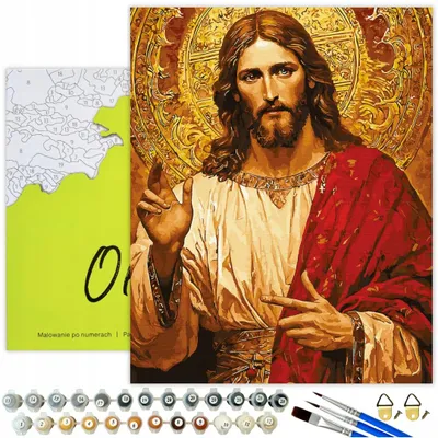 Produktbild von Malen nach Zahlen Erwachsene Religion Jesus Barmherzigkeit 50x40 - 26 Acrylfarben, Leinwand mit Holzrahmen, 3 Pinseln und Zubehör Oh Art!