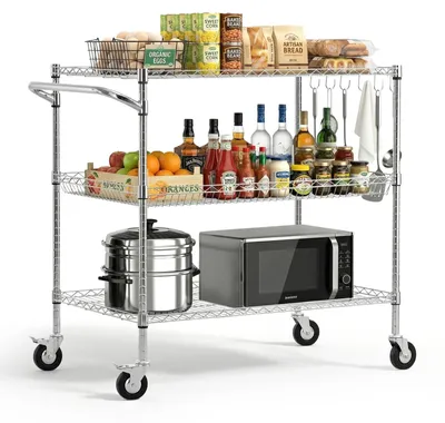 Produktbild von Küchenwagen Servierwagen - Rollwagen mit 3 Ebenen - Schwerlast bis 454 kg Tragkraft - Höhenverstellbare Drahtablagen - Metallregal auf Rollen mit Griff - für Küche & Garage