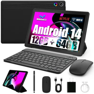 Immagine prodotto di Tablet Android 14 con 12 GB di RAM + 64 GB di memoria, processore Octa-Core, include tastiera, custodia protettiva, mouse, penna stilo, Wi-Fi 6 e Bluetooth, colore nero