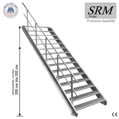 Zdjęcie produktu dla 15-stopniowe schody stalowe z poręczą po jednej stronie Szerokość 150 cm Wysokość kondygnacji 250-320 cm
